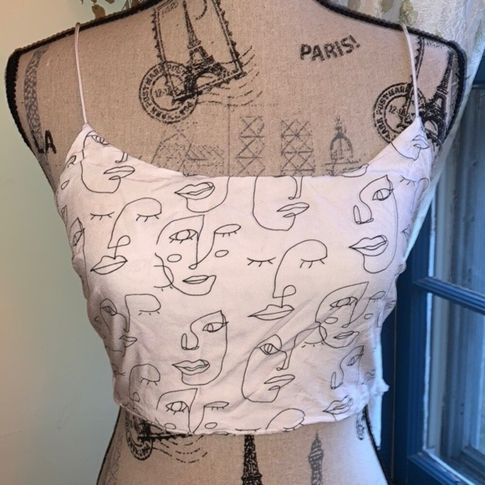 White Crop Tank with Face Design S